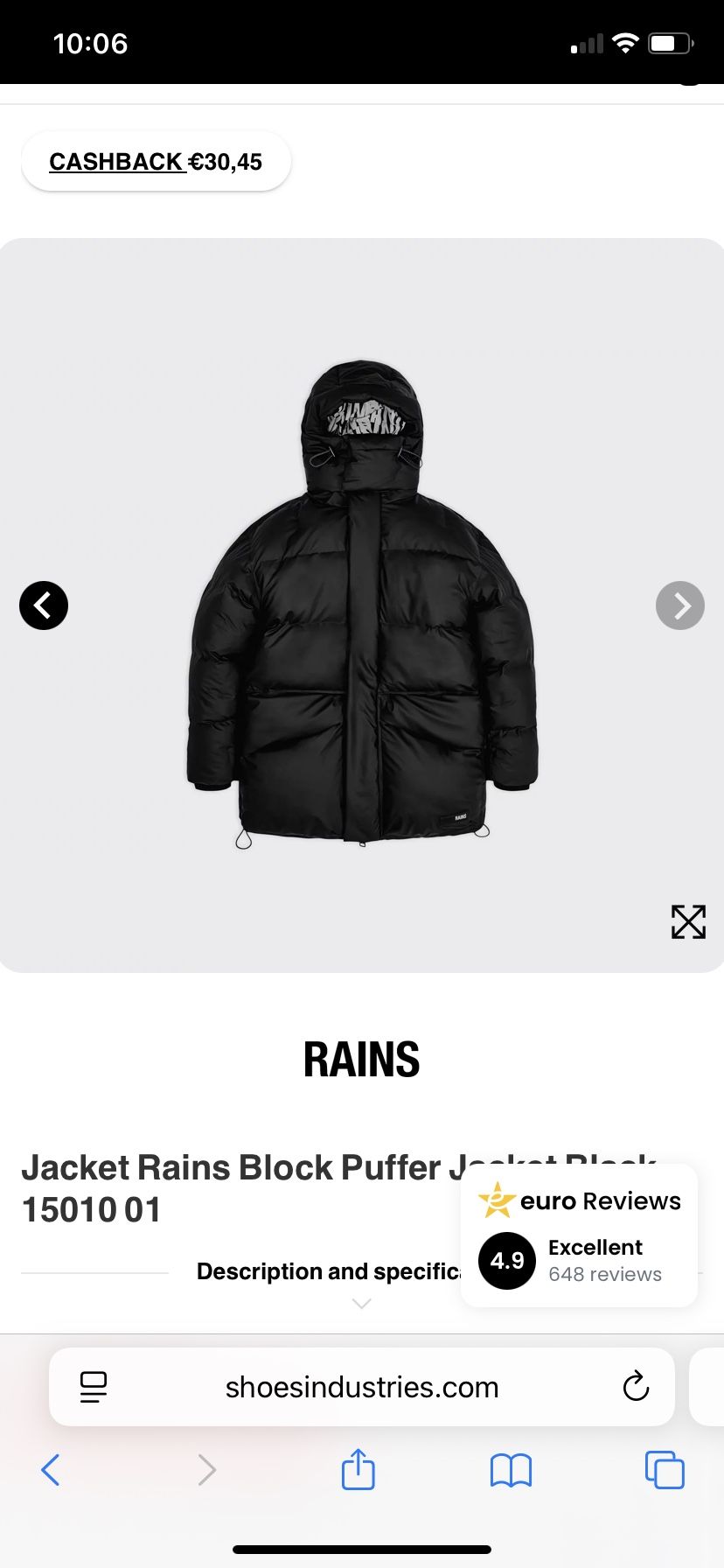 Rains women’s Black Puffer Jacket