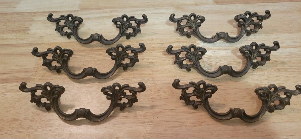 Set Of 6 Vintage Brass Ornate Cabinet Dresser Sideboard Drawer Pull Handle 6.5"