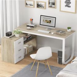 55.1 in. L-Shaped Beige Wood Computer Desk Writing Desk Office Executive Desk W/Removable Tabletop, Shelves, 3-Drawers