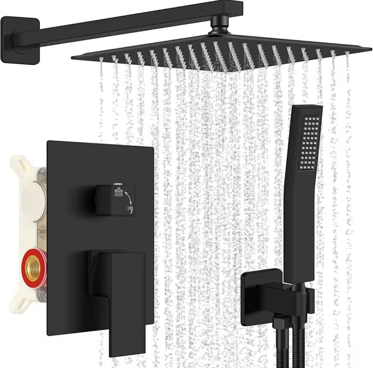 New In Box Matte Black Wall Mounted Bathroom Shower Rainfall 16 Inch Mixed Hot And Cold Water Embedded Box Control Valve