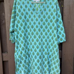 Westside Beach Dress - Aqua Blue & Green Leaf Print Tunic Cover-Up Women’s XL