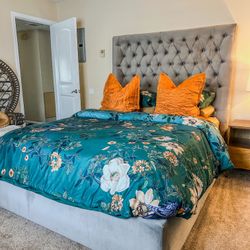 Grey  Upholstered Bed Frame w/ Tufted Headboard (Box Spri