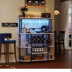 Wine Rack with LED Light, Bar Table Cabinet with Glass Holder, Freestanding Coffee Bar Storage