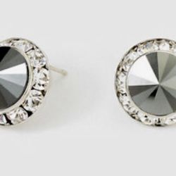 SILVER ROUND HEMATITE STUD EARRINGS w/ SWAROVSKI CRYSTAL