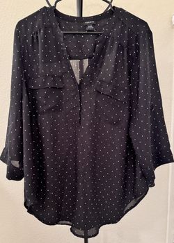Torrid Womens Plus Popover Blouse 1X Black White Polka Dot Roll Tab Sleeves