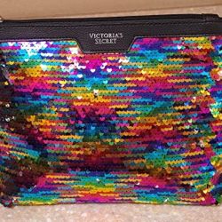 Victoria's Secret Medium Faux Leather & Sequim Cosmetic Bag, 9x7x2in