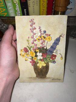 Signed 3D Floral Vase Wall Art cement-like plaster flower plaque
