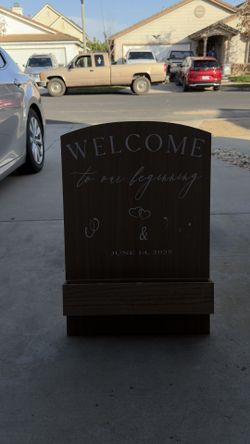 Rustic Wooden Wedding Welcome Sign – Freestanding with Base – Customizable – $45