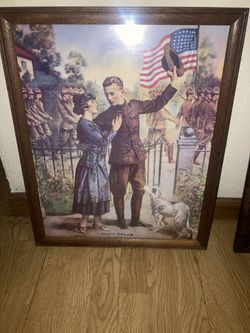 1917 World War I / WWI United States "DUTY CALLS" Framed Poster 1917 Print Marching Troops, Young Couple and Dog