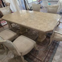 Vinyl dining table and china, Sectional, Wood/leather chair