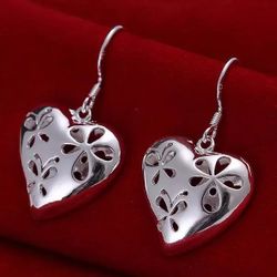 Silver 925 Stamped Flower Hearts Earrings 