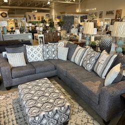 Gray sectional light, gray bar, light, gray end table light gray coffee table