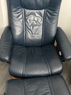 Navy Blue Leather Recliner Chair with Ottoman