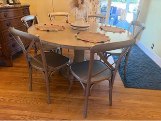 Ballard Designs Industrial Round Dining Table with 6 Cross Back Chairs