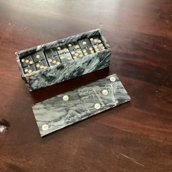 Miniature Marble Domino Set dark grey & White Stone, with storage box. 