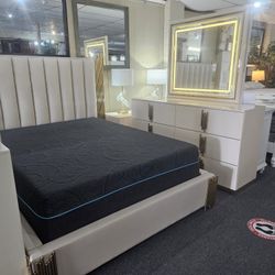Brand New Cream Modern King Bedframe + Dresser With Multi-Color LED Mirror + Nighstand 4PCs Bedroom Set