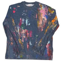 Acne Studios Authentic Edden Trompe L’Oeil Paint Splatter Long Sleeve Top in Blue Multi