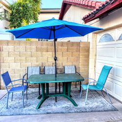 Large Green Plastic Table, Umbrella, And Chairs