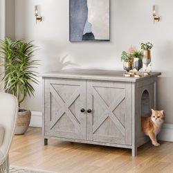 New Cat Litter Box Furniture Hidden Barn Door Cat House Wooden Bathroom Furniture Side Table Fits Most Litter Boxes  New in box ML001-GY/WH/BR *  * Sp