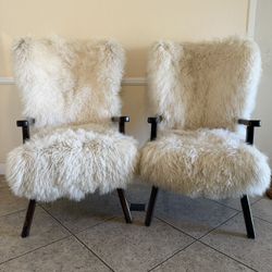 Set Of 2 Off-white Custom Made Mongolian Fur Wingback Armchairs