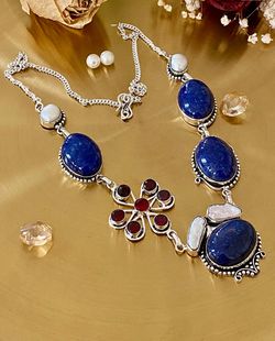 Natural Lapis, Garnet And Biwa Pearl 925 Sterling Silver Overlay Necklace