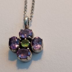925 Silver Necklace Amethyst 4 Stone In Center Green 18"