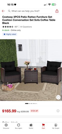 3-Piece Patio Rattan Furniture Set — Black Cushions