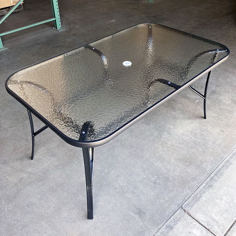 (New) $80 Rectangular 59x36x28” Outdoor Patio Metal Table Tempered Glass w/ Umbrella Hole