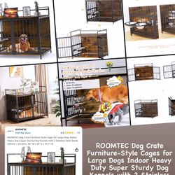 ROOMTEC Dog Crate Furniture-Style Cages for Large Dogs Indoor Heavy Duty Super Sturdy Dog Kennels with 2 Stainless Steel Bowls 