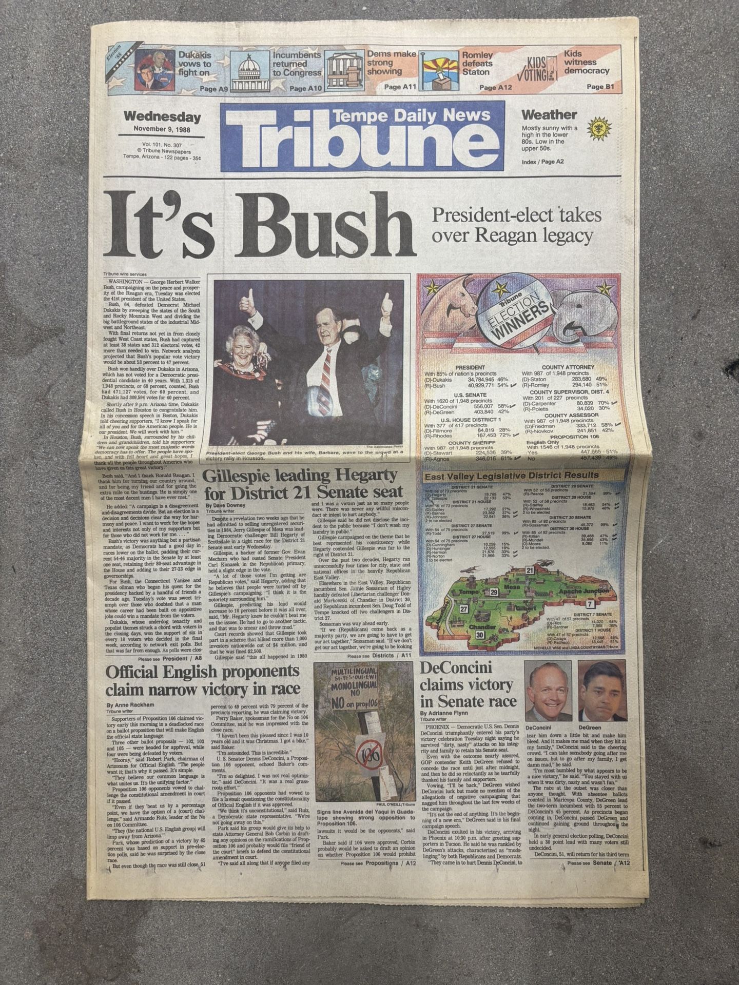 1988 Bush Elected President News Paper Tempe Tribune 