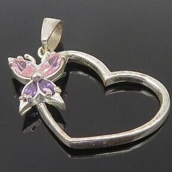 925 Sterling Silver - Amethyst & Pink Topaz Butterfly Heart Pendant 

