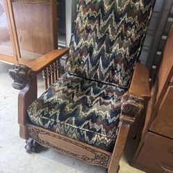 Antique Carved Oak Lion Arm Reclining Chair – $450 OBO