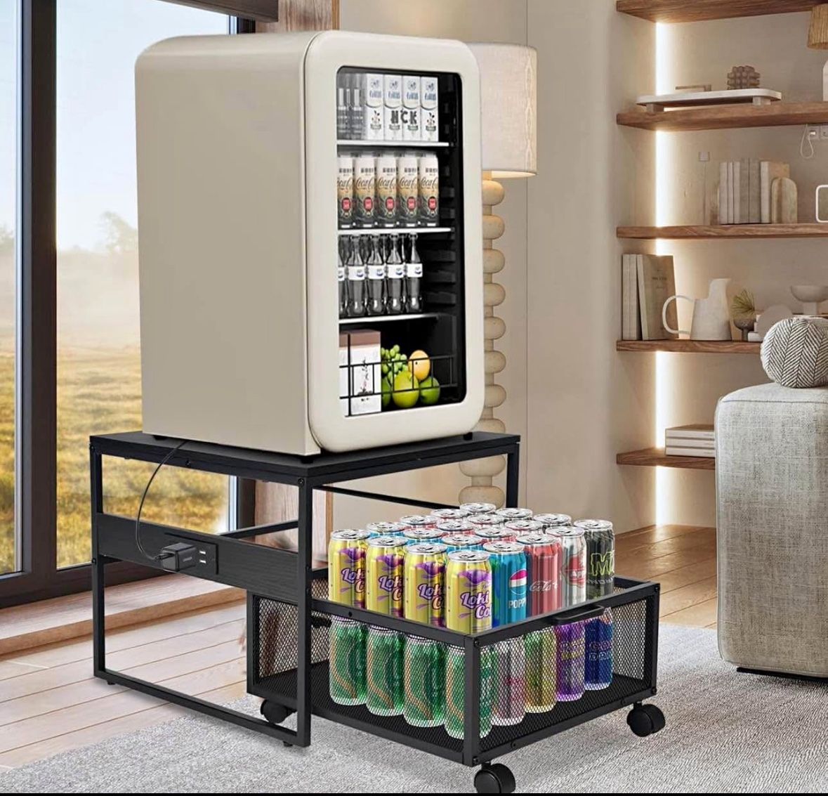 New in it’s box Mini Fridge Stand with Wheels - Fridge Table with Storage & Outlets Rolling Fridge C
