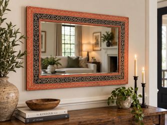 Antique Hand-Decorated Wood Mirror – Asian / Moorish Style – 25” × 37”