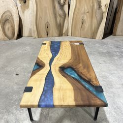 💙 Live Edge Coffee Table - Poplar Wood W/ Blue Epoxy River | Handmade