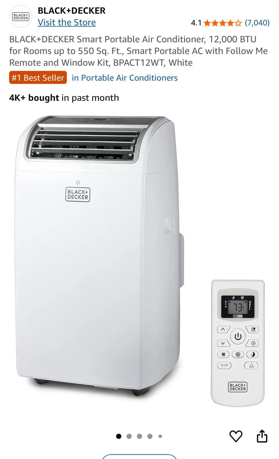 BLACK+DECKER Smart Portable Air Conditioner, 12,000 BTU for Rooms up to 550 Sq. Ft., Smart Portable AC with Follow Me Remote and Window Kit, BPACT12WT