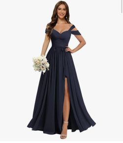 Women Off Shoulder Bridesmaid Dress With Belt Chiffon Ruched Formal Dress