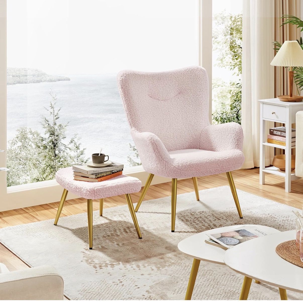 Yaheetech Accent Chair with Ottoman, Boucle Fabric Armchair Footstool, Modern and Cozy Vanity Chair with Golden Legs for Living Room, Lounge, Makeup R