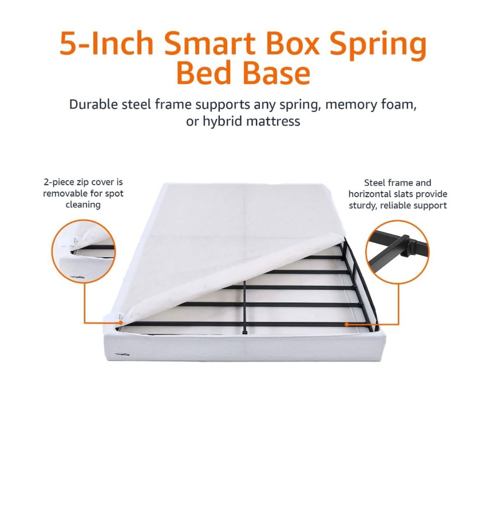Amazon Basics Smart Box Spring Bed Base, 5 Inch Mattress Foundation, Tool-Free Easy Assembly, Full, White