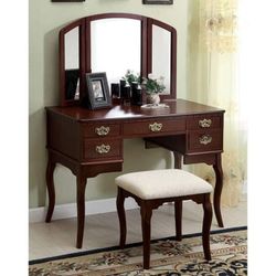 VINTAGE STYLE CHERRY FINISH 3 PIECE VANITY MIRROR TABLE STOOL SET - TOCADOR BANCO ESPEJO