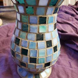 Heavy Gray Stone Blue  Green Mosaic Vase 