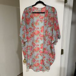 Floral Kimono Overcoat Shawl Pink And Blue One Size