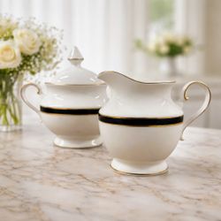 Mikasa Petit Bone L8206 Black Tie Creamer & Sugar Bowl Set Gold Trim - Vintage