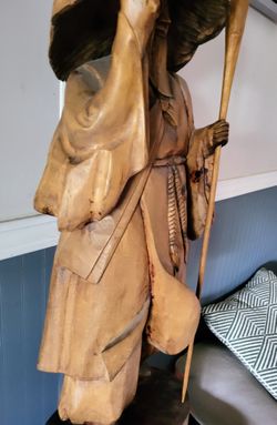 ANTIQUE 19c.  IMMORTAL From CAMPHOR WOOD CARVED Ancient One w/  WALKING STICK STATUE SCULPTURE 