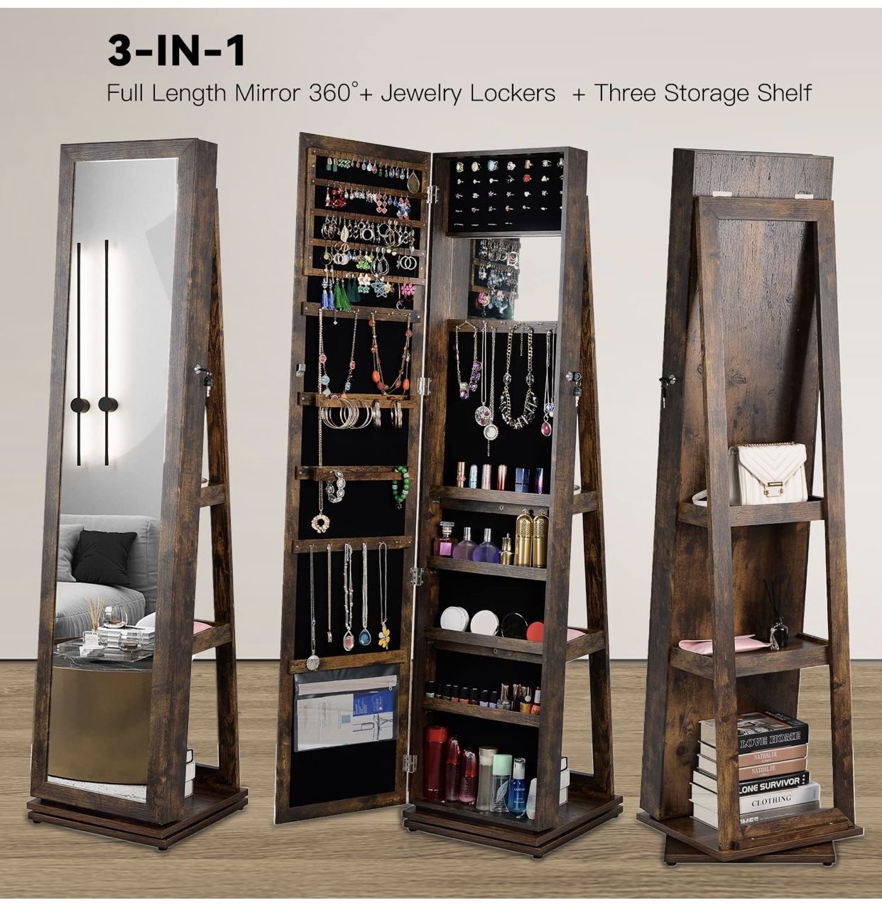 Jewelry Armoire 65" H, Full Length Mirror with Storage 360° Swivel, Lockable Standing Jewelry Cabinet Organizer