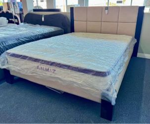 Brand new Queen bed frame & spring mattress set—special price $258. Queen beige bed frame: $99; Queen spring mattress: $200.
