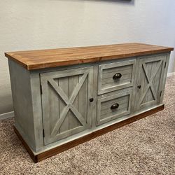 Solid Wood Sage Green TV Credenza 2 Storage Drawers And Cabinet Doors From At Home 