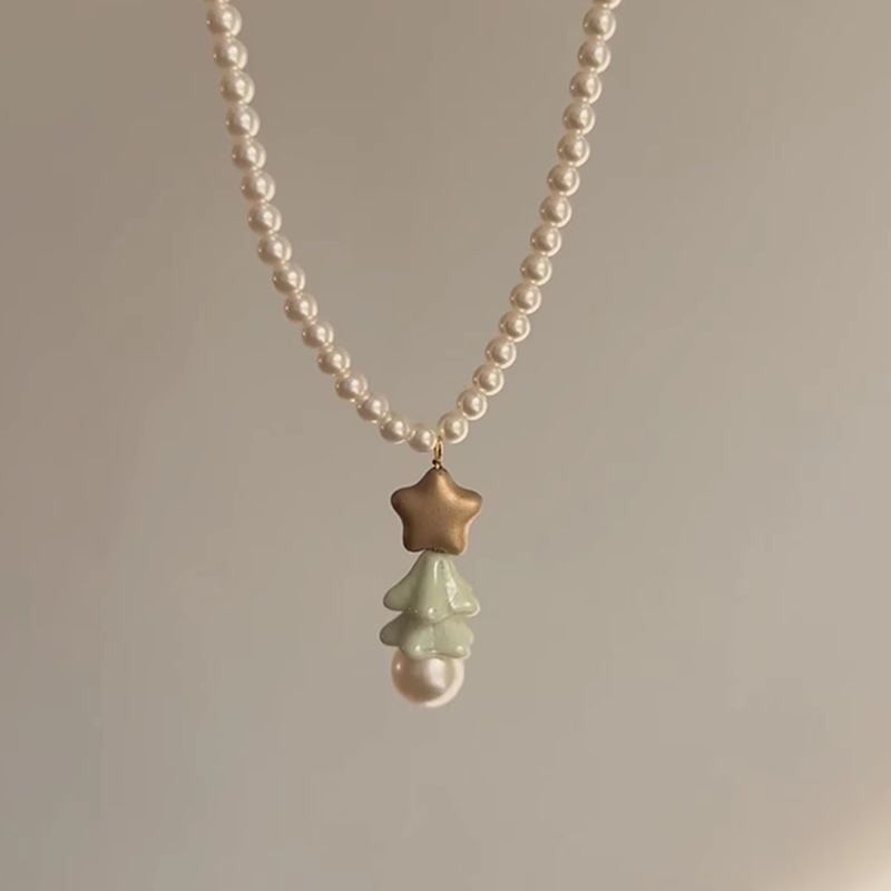 New French Vintage Pearl Christmas Tree Necklace Women's High-quality Sweet Sweater Chain Christmas Gift