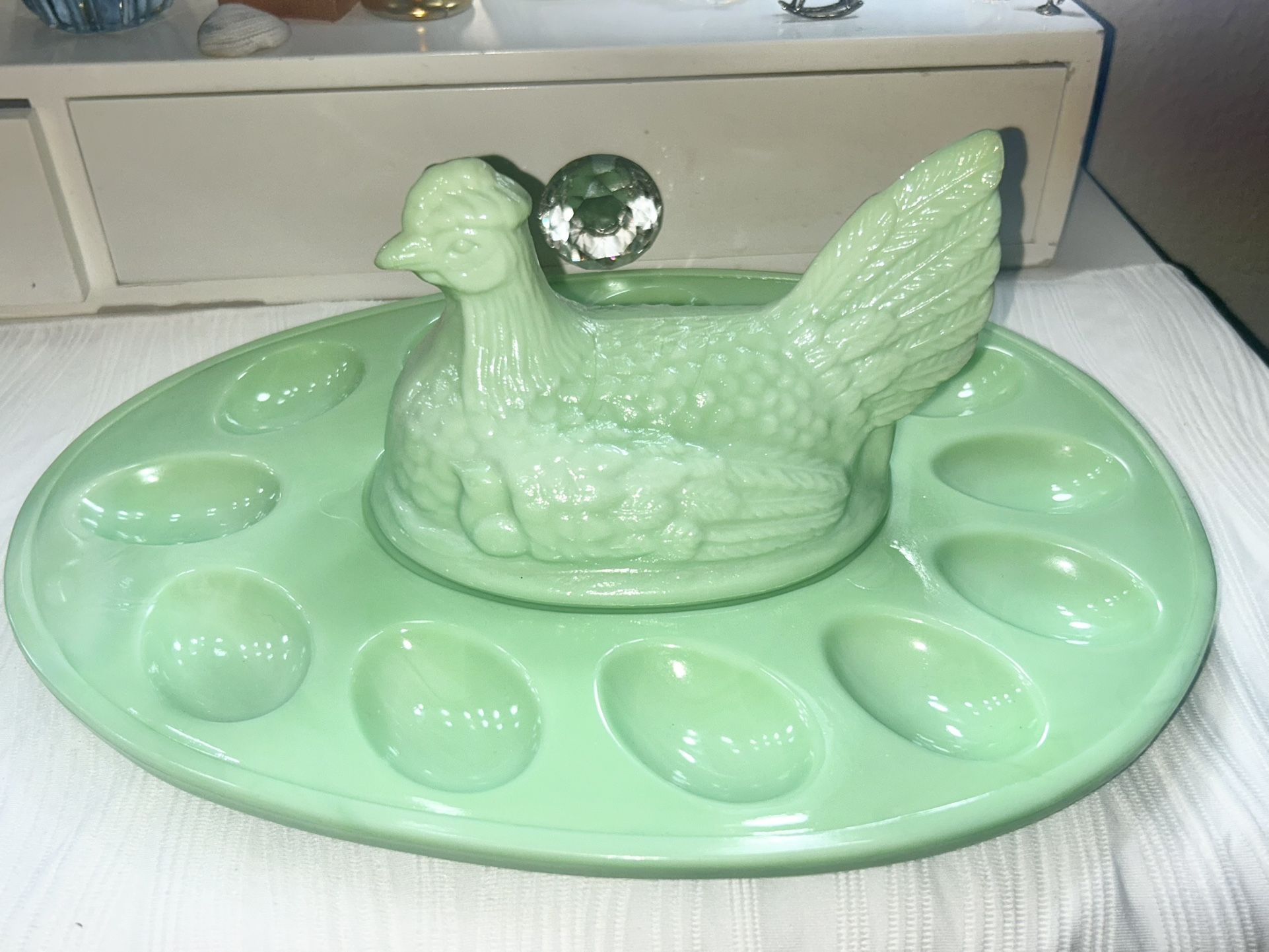 Extremely Rare LE Smith Jadeite Hen On Nest Deviled Egg Plate
