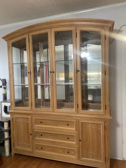 65” W Two-piece Lighted China Cabinet w/ Storage Oak Finish